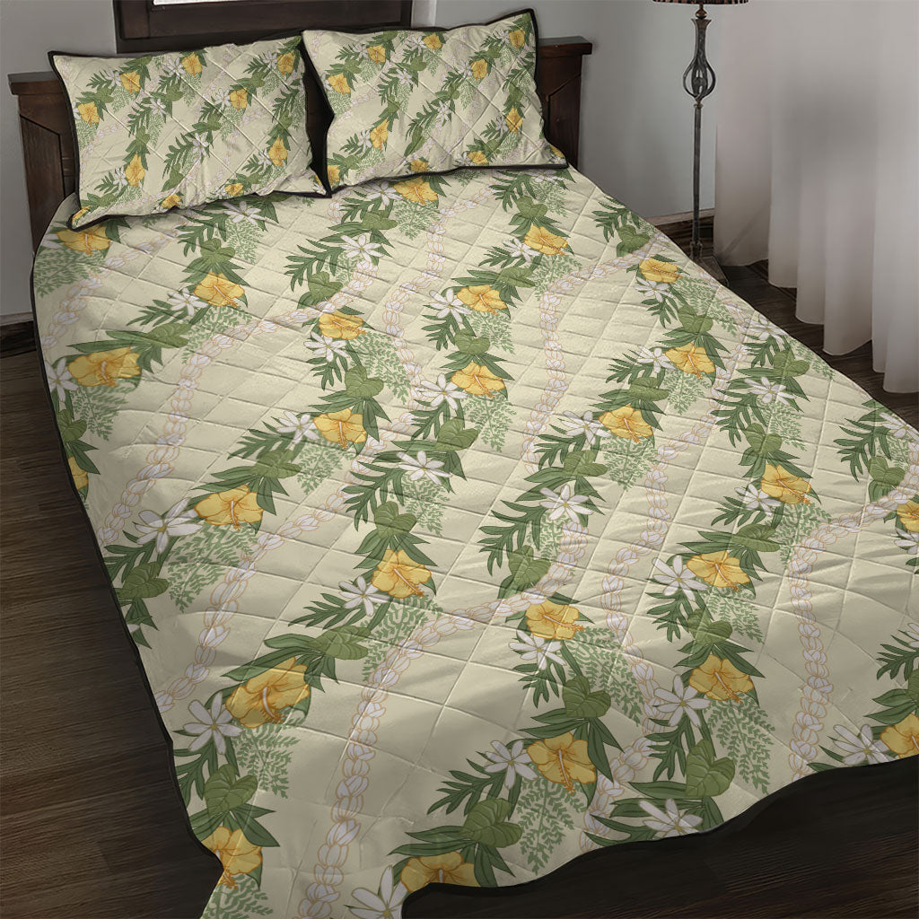 Hawaiian Pikake Maile Lei Quilt Bed Set Tiare Hibiscus Kalo Palapalai Leaf Beige LT19 Beige - Polynesian Pride