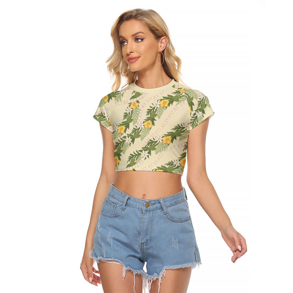 Hawaiian Pikake Maile Lei Raglan Cropped T Shirt Tiare Hibiscus Kalo Palapalai Leaf Beige LT19 Female Beige - Polynesian Pride