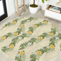 Hawaiian Pikake Maile Lei Round Carpet Tiare Hibiscus Kalo Palapalai Leaf Beige LT19 Beige - Polynesian Pride