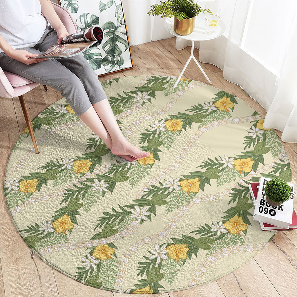 Hawaiian Pikake Maile Lei Round Carpet Tiare Hibiscus Kalo Palapalai Leaf Beige LT19 - Polynesian Pride