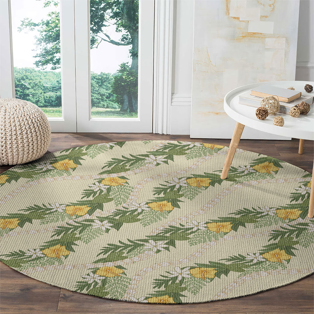 Hawaiian Pikake Maile Lei Round Carpet Tiare Hibiscus Kalo Palapalai Leaf Beige LT19 - Polynesian Pride