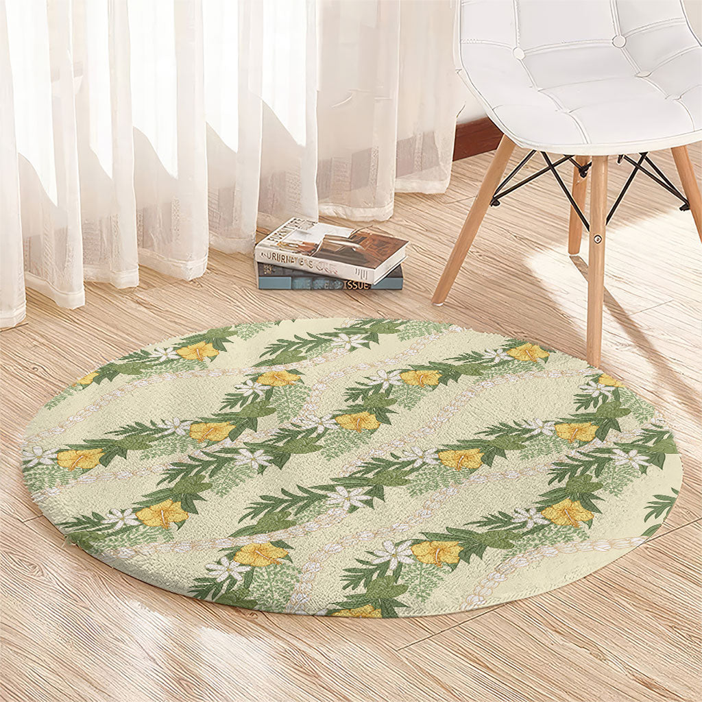 Hawaiian Pikake Maile Lei Round Carpet Tiare Hibiscus Kalo Palapalai Leaf Beige LT19 - Polynesian Pride
