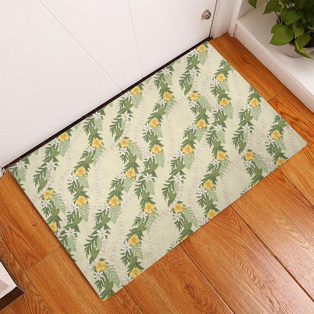 Hawaiian Pikake Maile Lei Rubber Doormat Tiare Hibiscus Kalo Palapalai Leaf Beige LT19 - Polynesian Pride