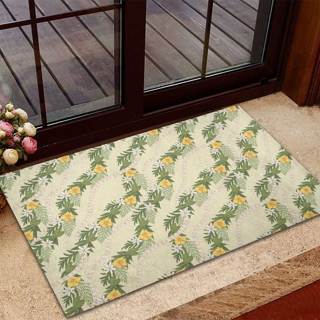 Hawaiian Pikake Maile Lei Rubber Doormat Tiare Hibiscus Kalo Palapalai Leaf Beige LT19 - Polynesian Pride