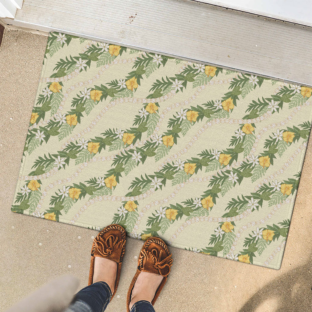 Hawaiian Pikake Maile Lei Rubber Doormat Tiare Hibiscus Kalo Palapalai Leaf Beige LT19 - Polynesian Pride