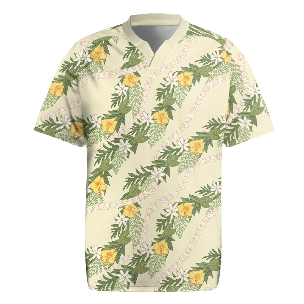 Hawaiian Pikake Maile Lei Rugby Jersey Tiare Hibiscus Kalo Palapalai Leaf Beige