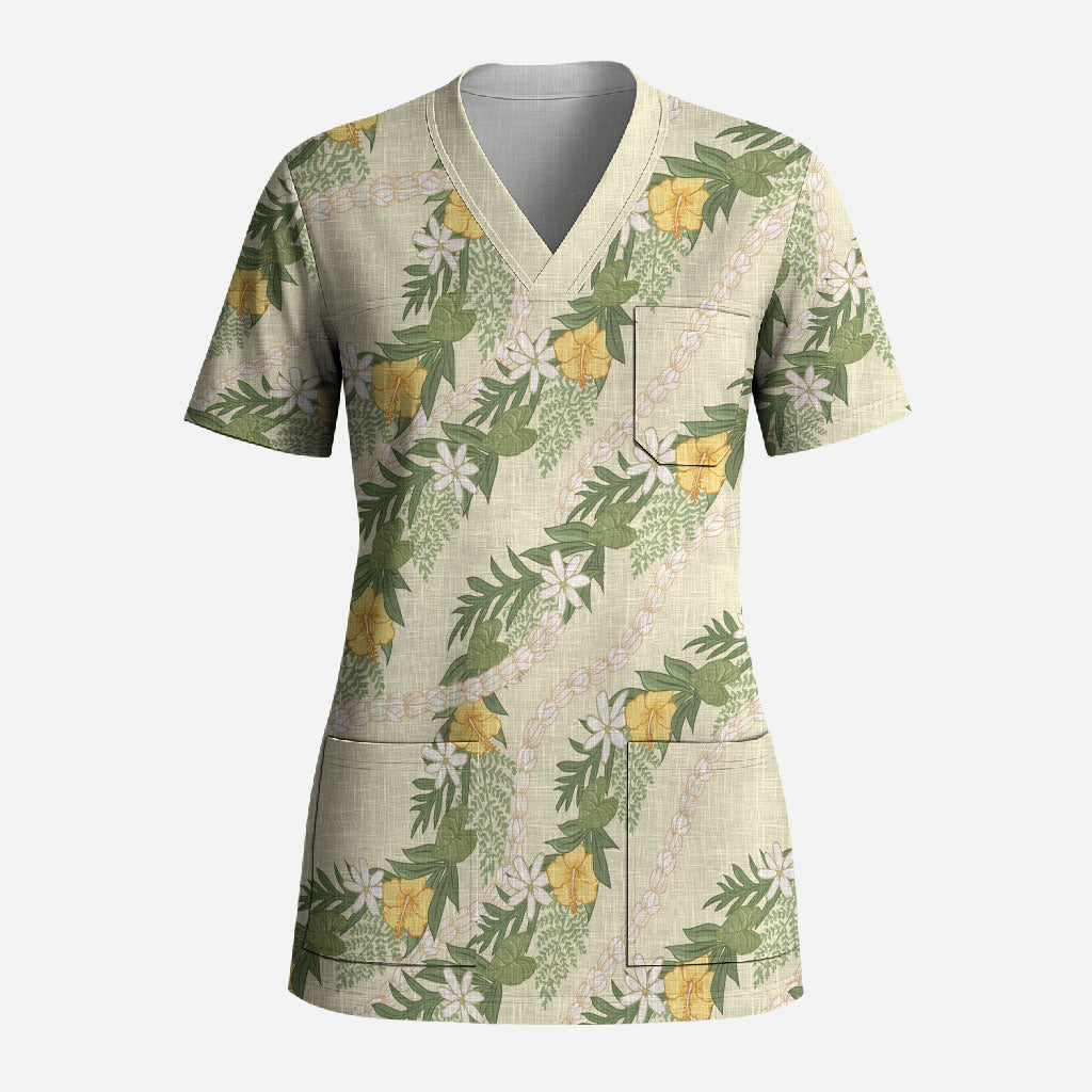 Hawaiian Pikake Maile Lei Scrub Top Tiare Hibiscus Kalo Palapalai Leaf Beige LT19 Adult Beige - Polynesian Pride
