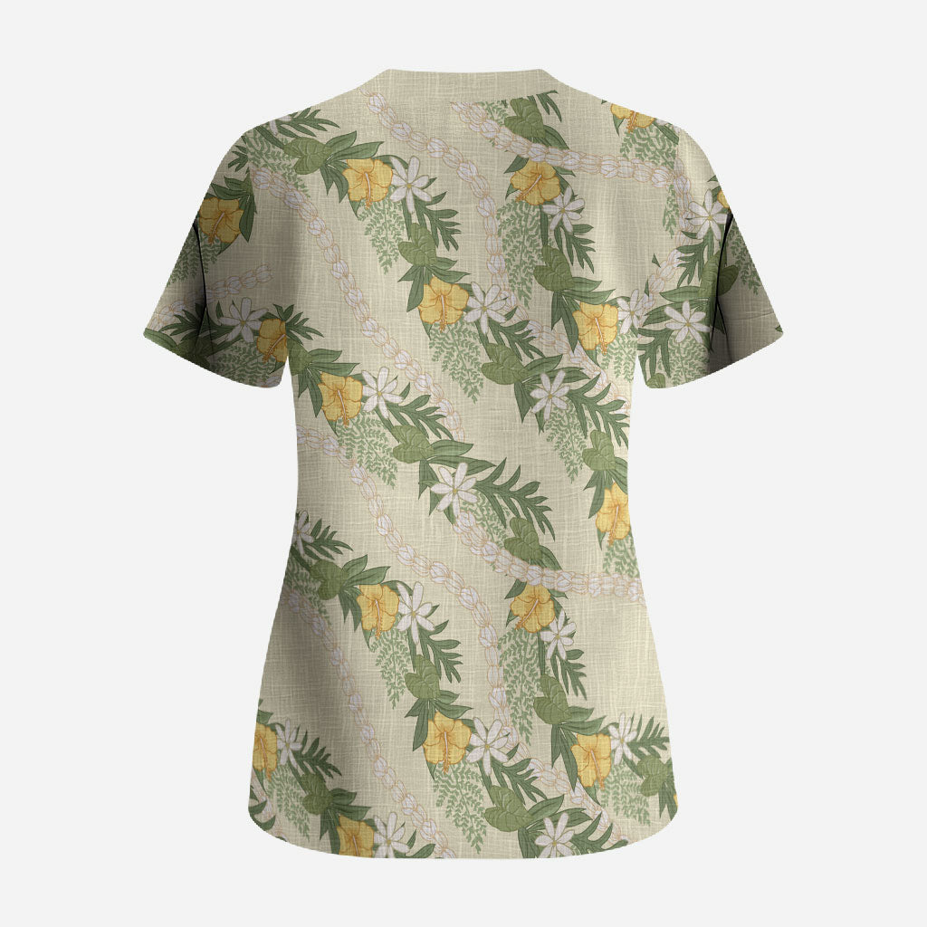 Hawaiian Pikake Maile Lei Scrub Top Tiare Hibiscus Kalo Palapalai Leaf Beige LT19 - Polynesian Pride