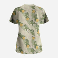 Hawaiian Pikake Maile Lei Scrub Top Tiare Hibiscus Kalo Palapalai Leaf Beige LT19 - Polynesian Pride
