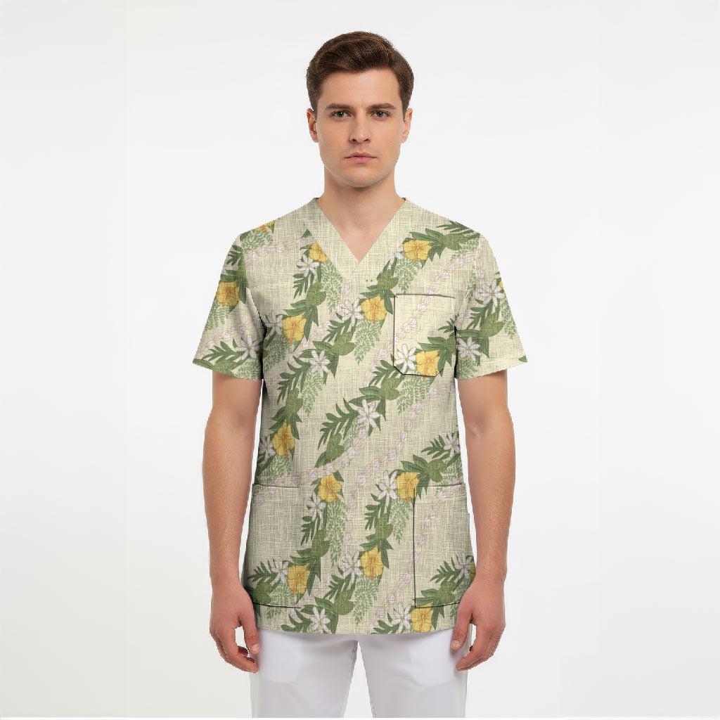 Hawaiian Pikake Maile Lei Scrub Top Tiare Hibiscus Kalo Palapalai Leaf Beige LT19 - Polynesian Pride