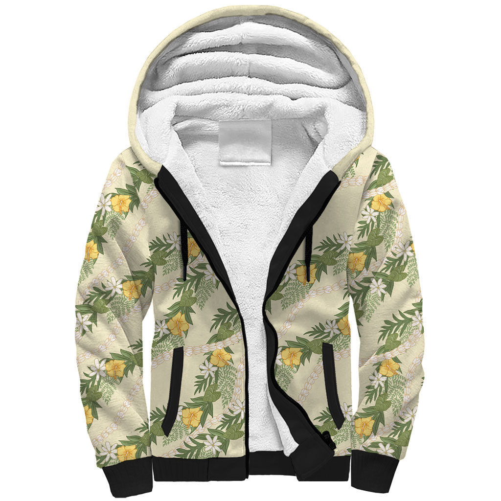 Hawaiian Pikake Maile Lei Sherpa Hoodie Tiare Hibiscus Kalo Palapalai Leaf Beige LT19 Unisex Beige - Polynesian Pride