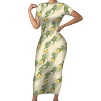 Hawaiian Pikake Maile Lei Short Sleeve Bodycon Dress Tiare Hibiscus Kalo Palapalai Leaf Beige