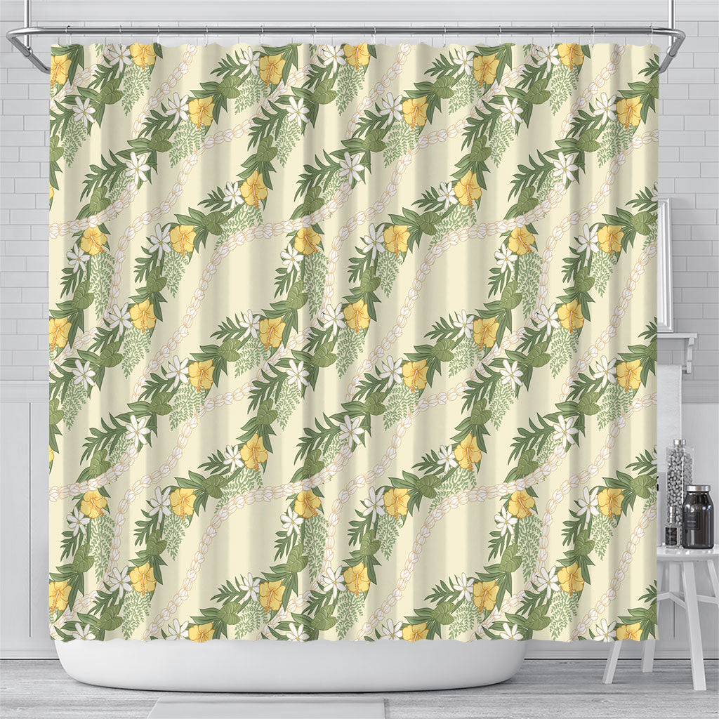 Hawaiian Pikake Maile Lei Shower Curtain Tiare Hibiscus Kalo Palapalai Leaf Beige LT19 - Polynesian Pride