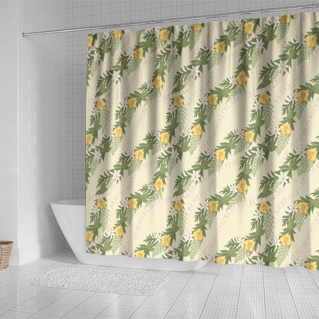 Hawaiian Pikake Maile Lei Shower Curtain Tiare Hibiscus Kalo Palapalai Leaf Beige LT19 - Polynesian Pride
