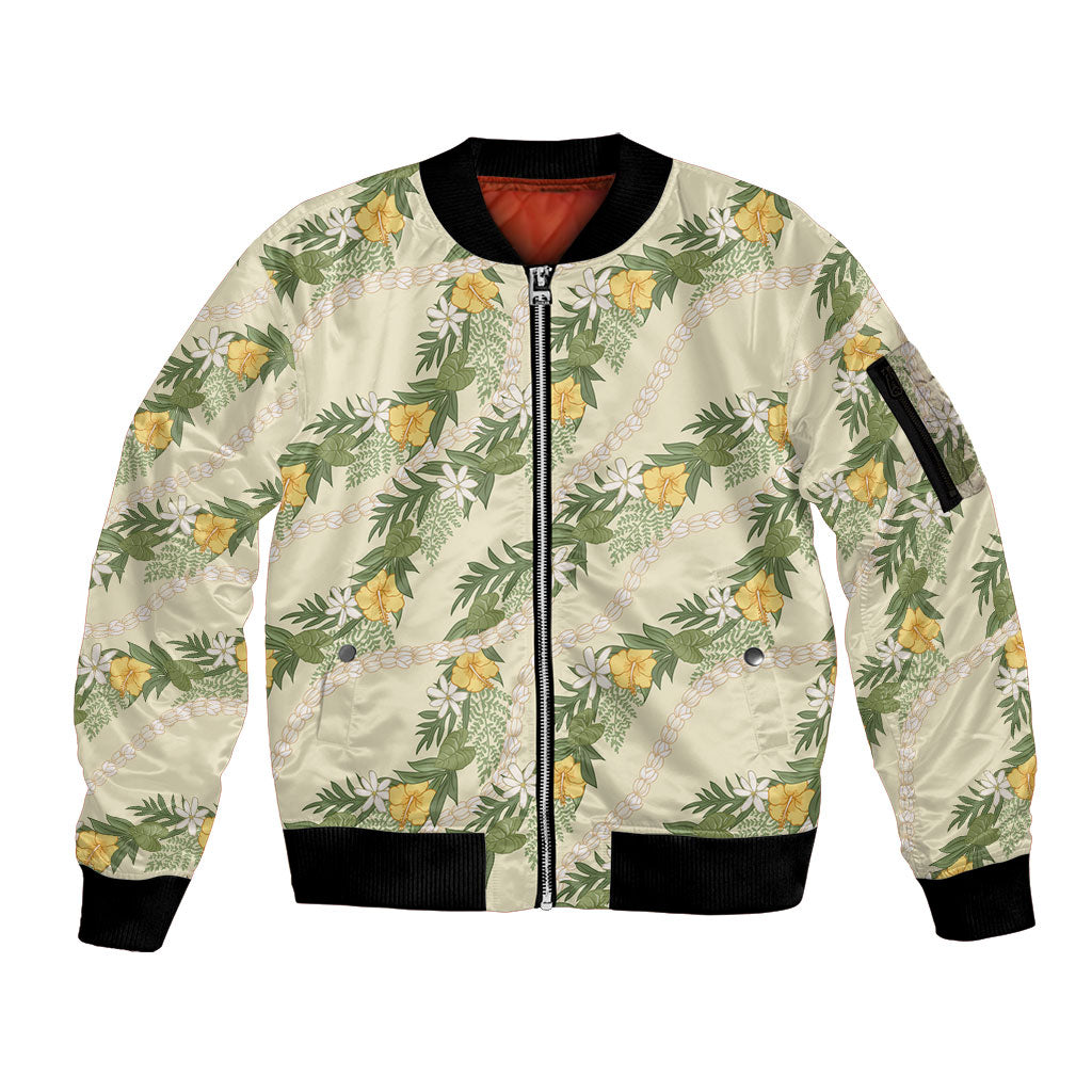 Hawaiian Pikake Maile Lei Sleeve Zip Bomber Jacket Tiare Hibiscus Kalo Palapalai Leaf Beige LT19 Unisex Beige - Polynesian Pride