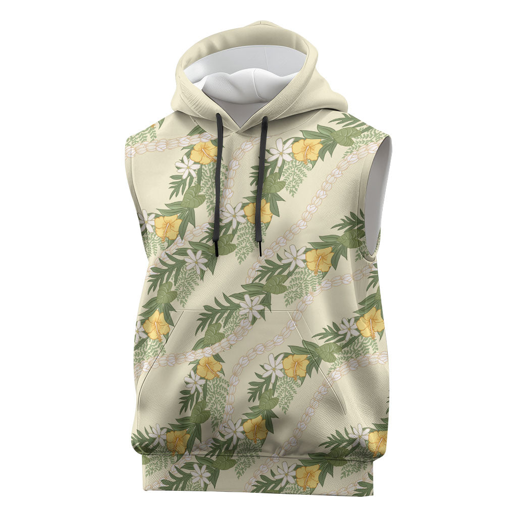 Hawaiian Pikake Maile Lei Sleeveless Hoodie Tiare Hibiscus Kalo Palapalai Leaf Beige LT19 Beige - Polynesian Pride
