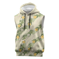 Hawaiian Pikake Maile Lei Sleeveless Hoodie Tiare Hibiscus Kalo Palapalai Leaf Beige