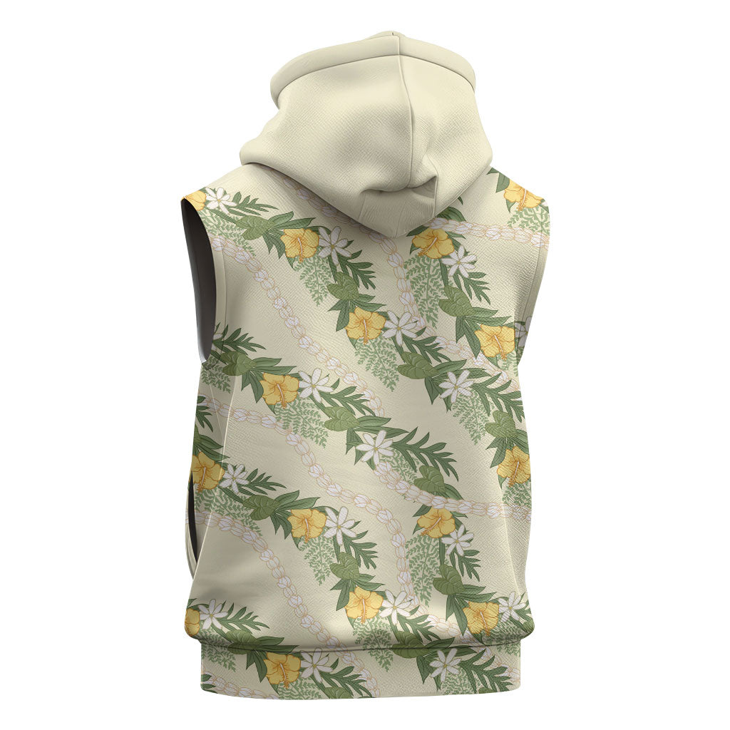 Hawaiian Pikake Maile Lei Sleeveless Hoodie Tiare Hibiscus Kalo Palapalai Leaf Beige