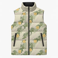 Hawaiian Pikake Maile Lei Sleeveless Puffer Jacket Tiare Hibiscus Kalo Palapalai Leaf Beige LT19 Unisex Beige - Polynesian Pride