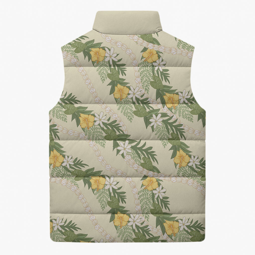 Hawaiian Pikake Maile Lei Sleeveless Puffer Jacket Tiare Hibiscus Kalo Palapalai Leaf Beige LT19 - Polynesian Pride