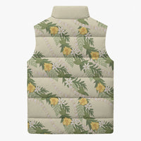 Hawaiian Pikake Maile Lei Sleeveless Puffer Jacket Tiare Hibiscus Kalo Palapalai Leaf Beige LT19 - Polynesian Pride