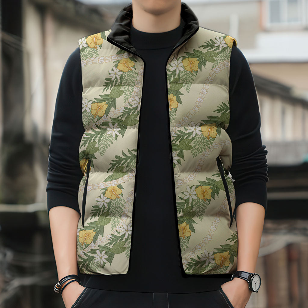 Hawaiian Pikake Maile Lei Sleeveless Puffer Jacket Tiare Hibiscus Kalo Palapalai Leaf Beige LT19 - Polynesian Pride