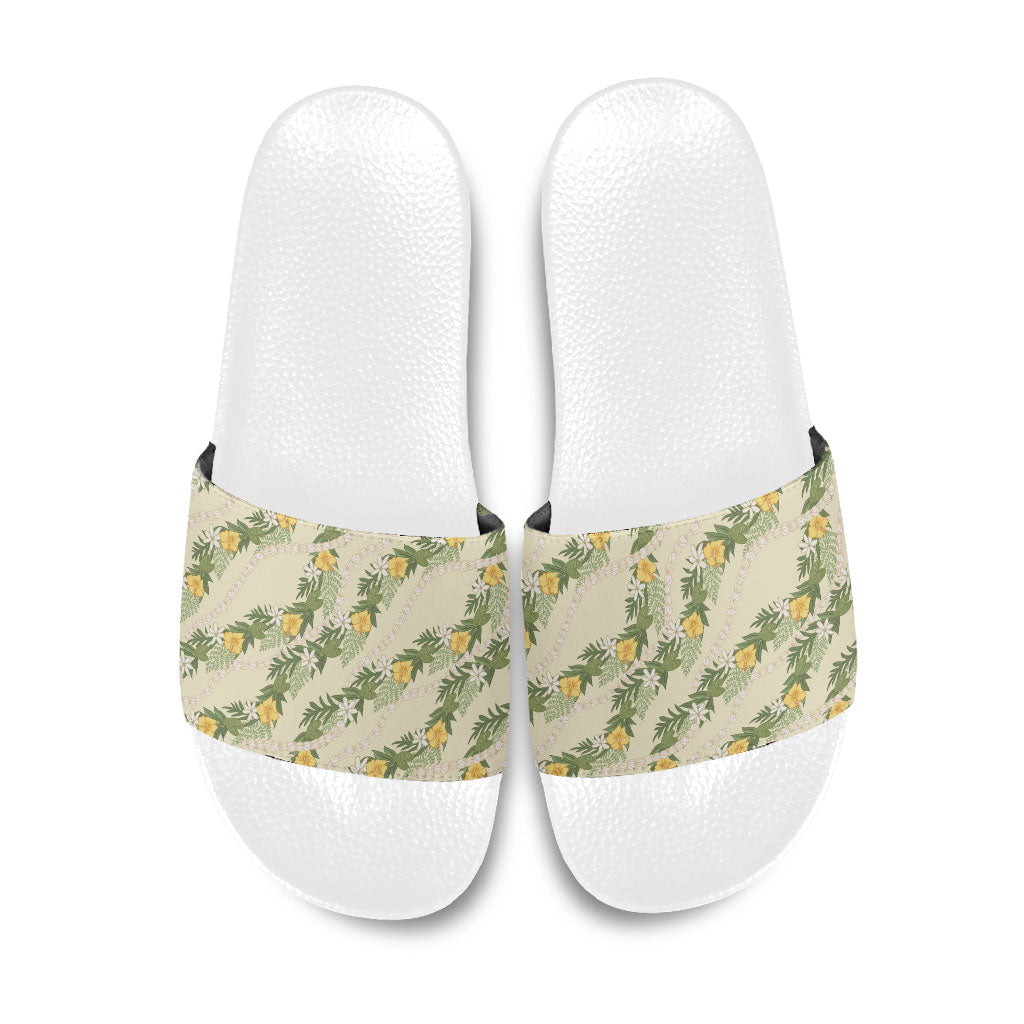 Hawaiian Pikake Maile Lei Slide Sandals Tiare Hibiscus Kalo Palapalai Leaf Beige LT19 Beige - Polynesian Pride
