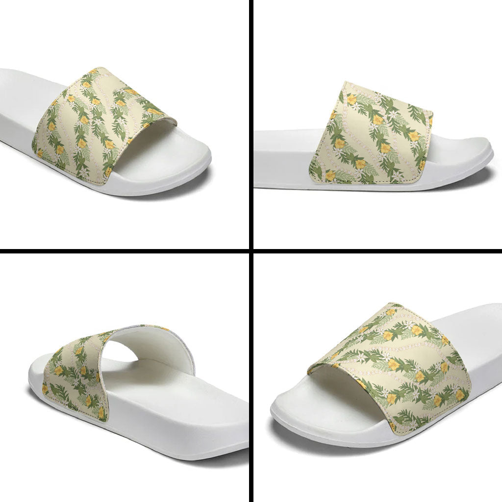 Hawaiian Pikake Maile Lei Slide Sandals Tiare Hibiscus Kalo Palapalai Leaf Beige LT19 - Polynesian Pride