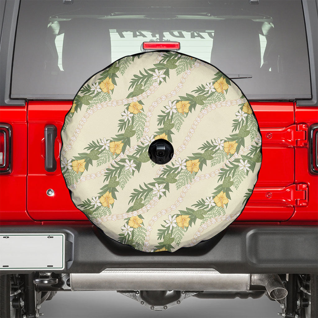 Hawaiian Pikake Maile Lei Spare Tire Cover Tiare Hibiscus Kalo Palapalai Leaf Beige