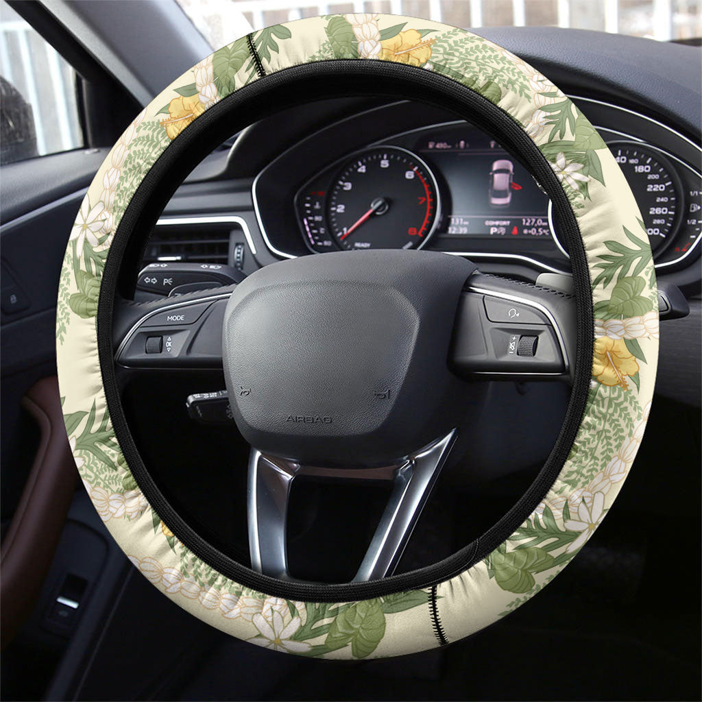 Hawaiian Pikake Maile Lei Steering Wheel Cover Tiare Hibiscus Kalo Palapalai Leaf Beige LT19 - Polynesian Pride