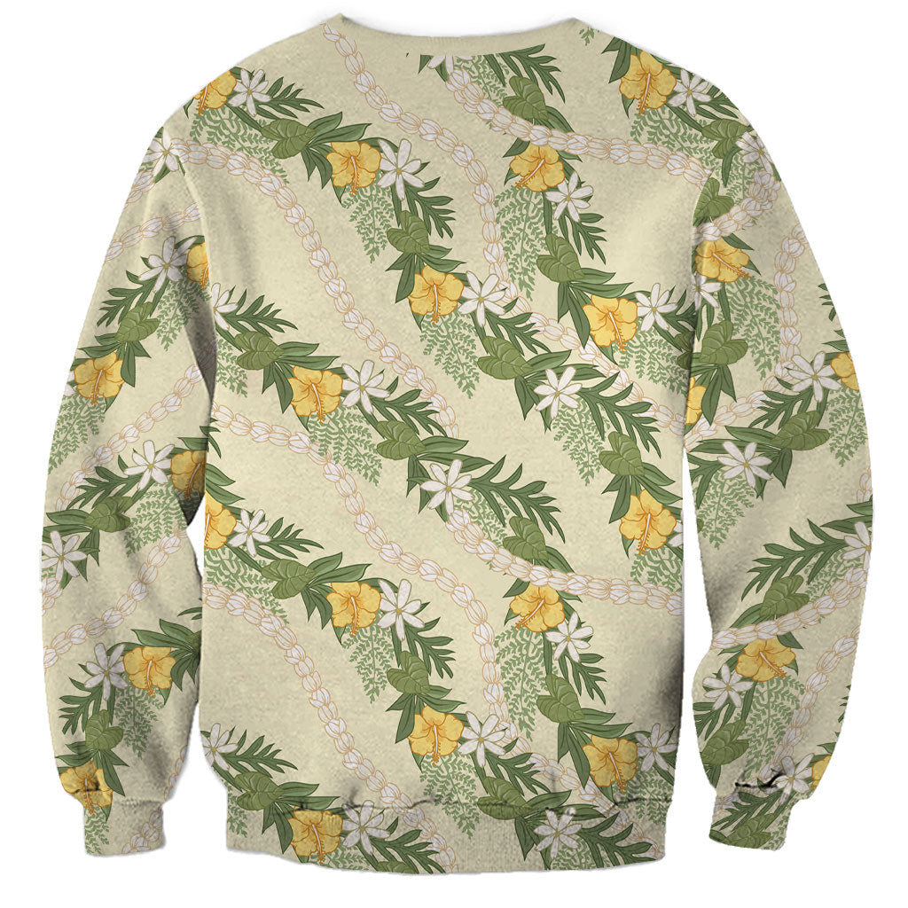 Hawaiian Pikake Maile Lei Sweatshirt Tiare Hibiscus Kalo Palapalai Leaf Beige LT19 - Polynesian Pride
