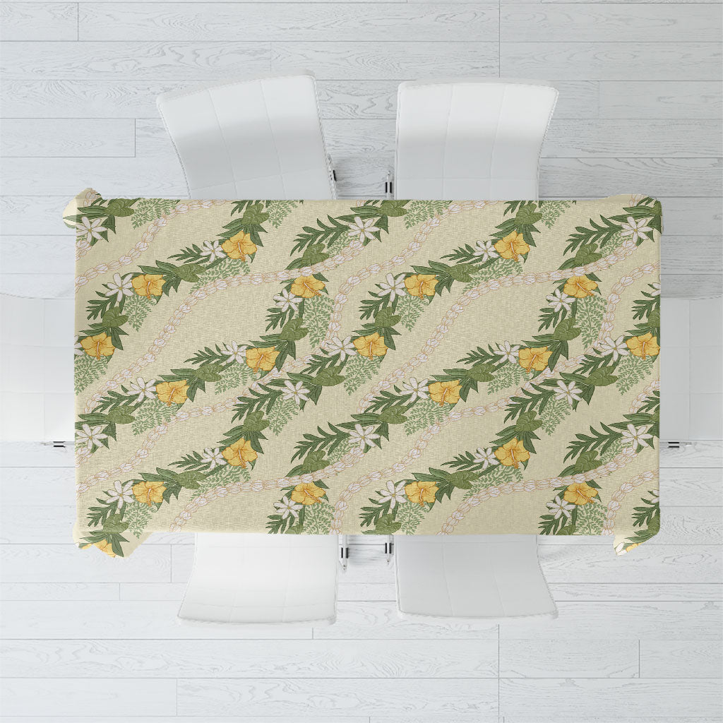 Hawaiian Pikake Maile Lei Tablecloth Tiare Hibiscus Kalo Palapalai Leaf Beige