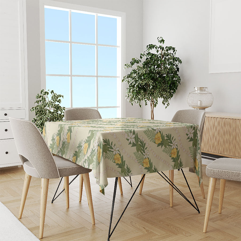 Hawaiian Pikake Maile Lei Tablecloth Tiare Hibiscus Kalo Palapalai Leaf Beige LT19 - Polynesian Pride