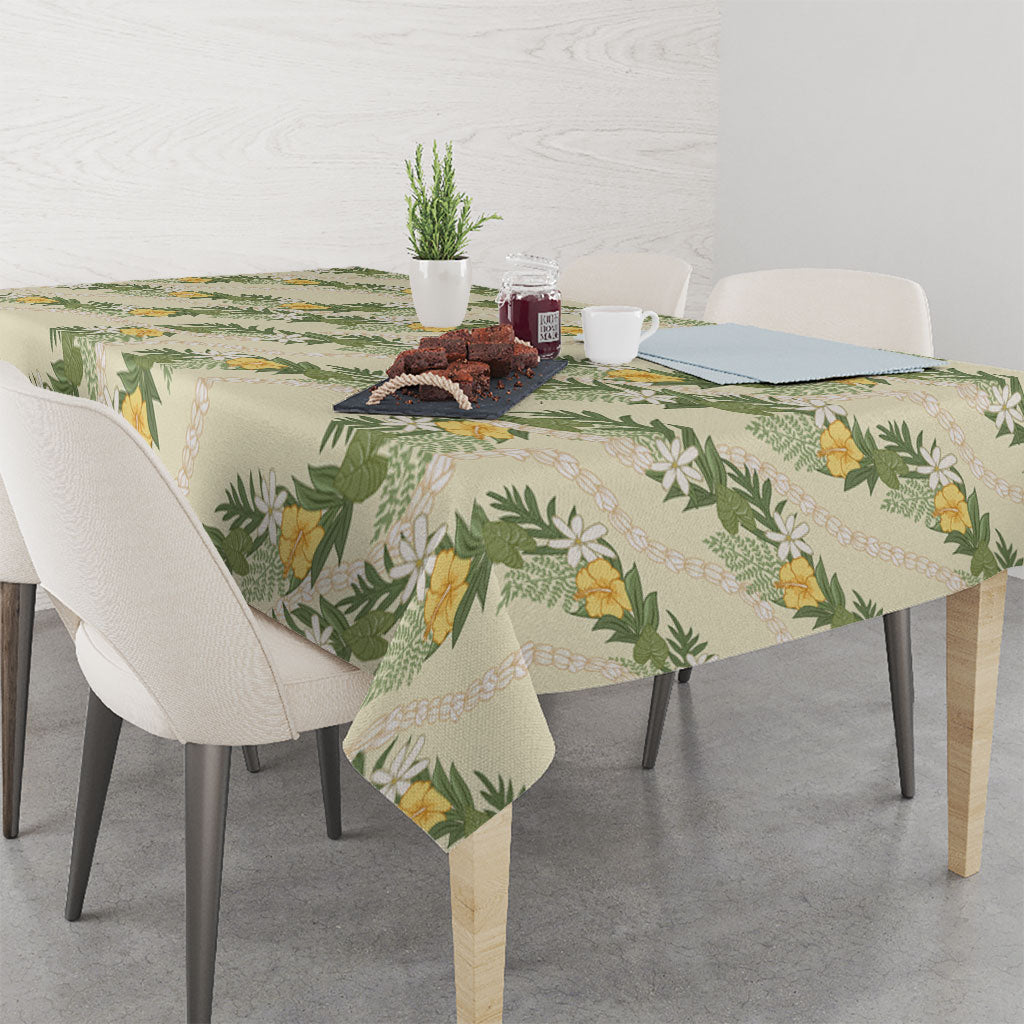 Hawaiian Pikake Maile Lei Tablecloth Tiare Hibiscus Kalo Palapalai Leaf Beige LT19 - Polynesian Pride