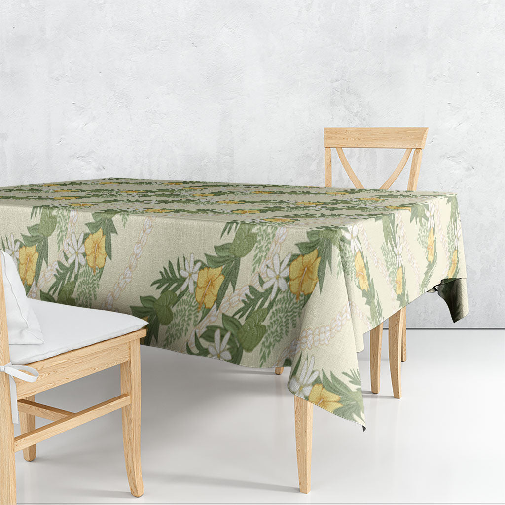 Hawaiian Pikake Maile Lei Tablecloth Tiare Hibiscus Kalo Palapalai Leaf Beige LT19 - Polynesian Pride
