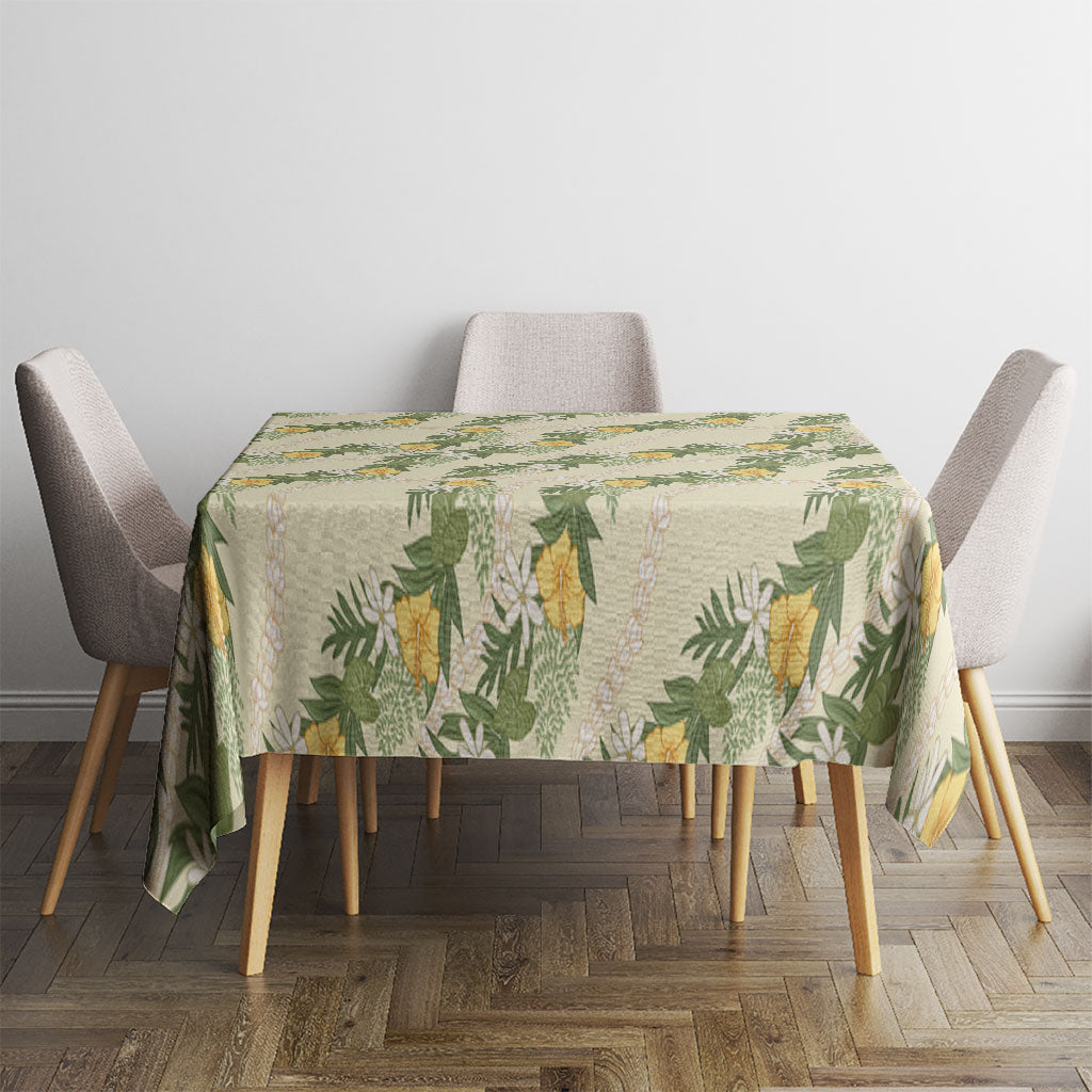 Hawaiian Pikake Maile Lei Tablecloth Tiare Hibiscus Kalo Palapalai Leaf Beige LT19 - Polynesian Pride