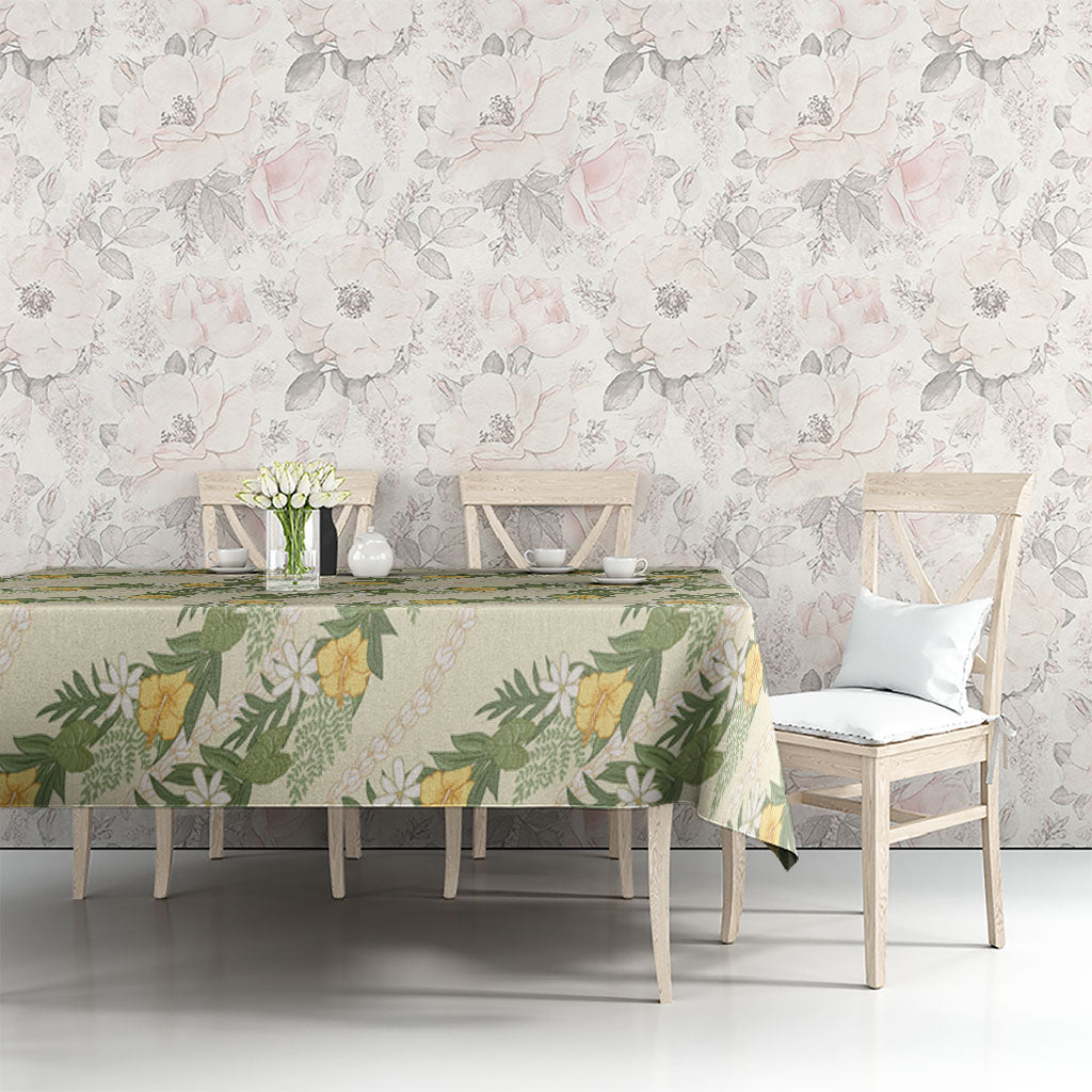 Hawaiian Pikake Maile Lei Tablecloth Tiare Hibiscus Kalo Palapalai Leaf Beige LT19 - Polynesian Pride