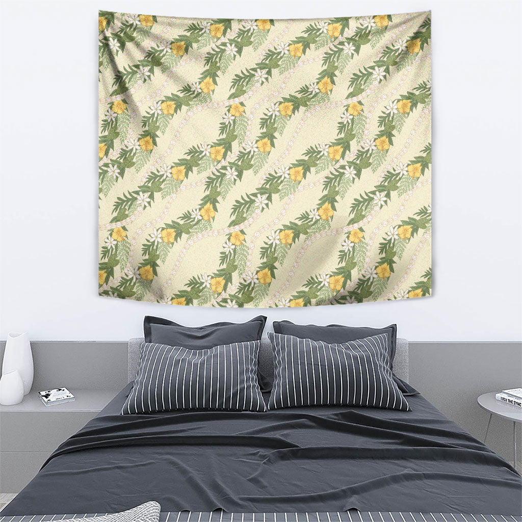 Hawaiian Pikake Maile Lei Tapestry Tiare Hibiscus Kalo Palapalai Leaf Beige LT19 - Polynesian Pride