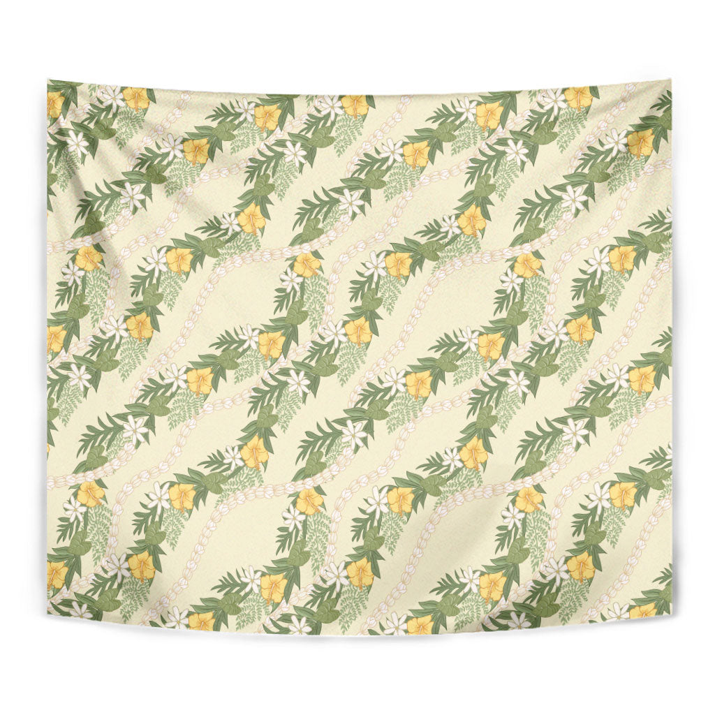 Hawaiian Pikake Maile Lei Tapestry Tiare Hibiscus Kalo Palapalai Leaf Beige LT19 - Polynesian Pride