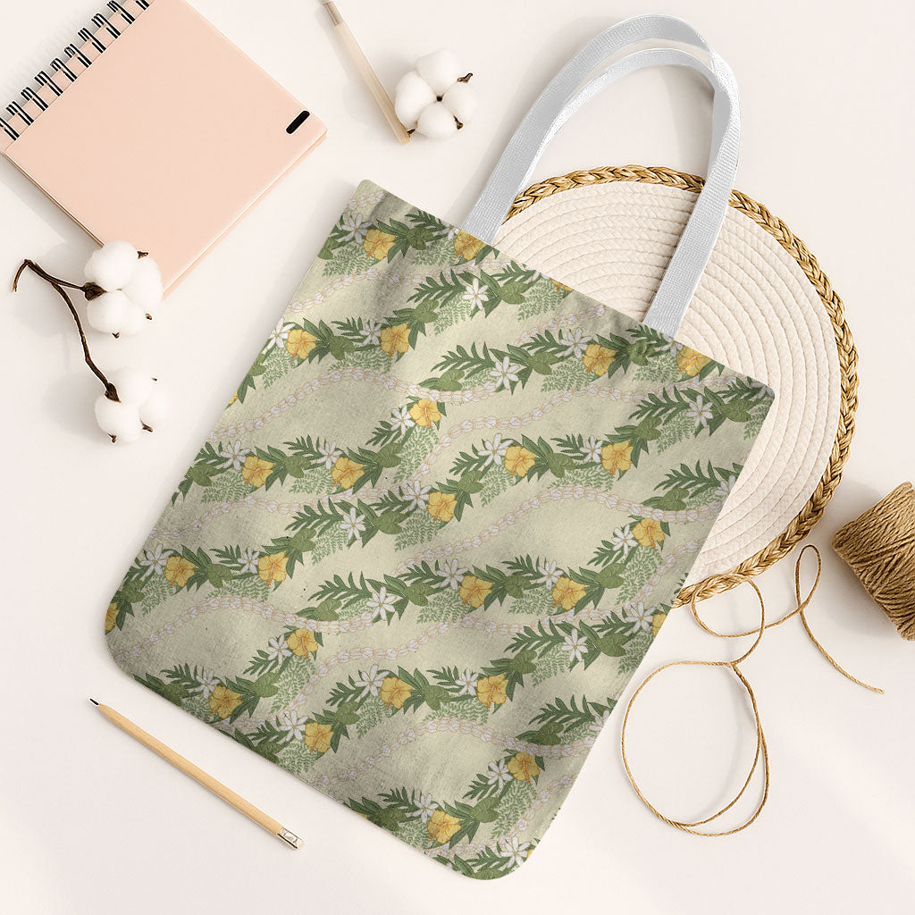 Hawaiian Pikake Maile Lei Tote Bag Tiare Hibiscus Kalo Palapalai Leaf Beige LT19 White Strap One Size Beige - Polynesian Pride