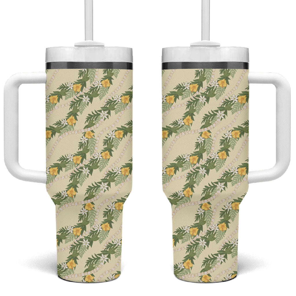 Hawaiian Pikake Maile Lei Tumbler With Handle Tiare Hibiscus Kalo Palapalai Leaf Beige LT19 One Size: 40 oz Beige - Polynesian Pride
