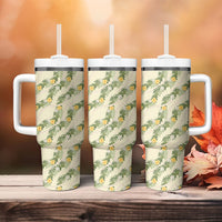 Hawaiian Pikake Maile Lei Tumbler With Handle Tiare Hibiscus Kalo Palapalai Leaf Beige LT19 - Polynesian Pride