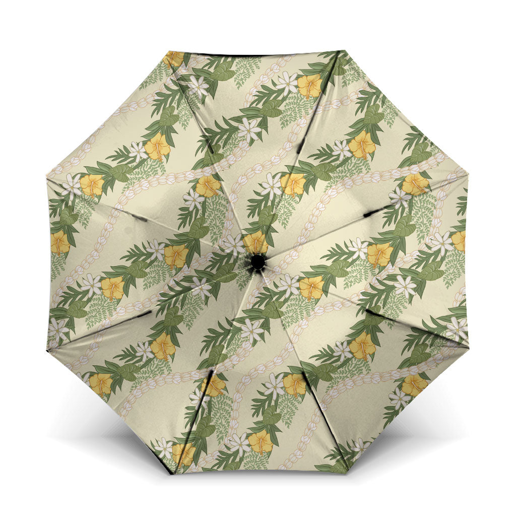 Hawaiian Pikake Maile Lei Umbrella Tiare Hibiscus Kalo Palapalai Leaf Beige LT19 One Size Folded 11.42 inch Opened Diameter 37.4 inch Beige - Polynesian Pride