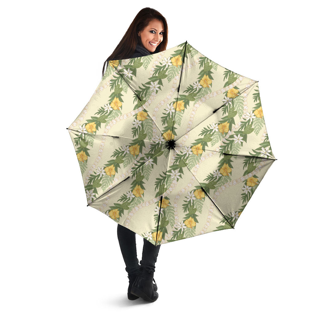 Hawaiian Pikake Maile Lei Umbrella Tiare Hibiscus Kalo Palapalai Leaf Beige LT19 - Polynesian Pride