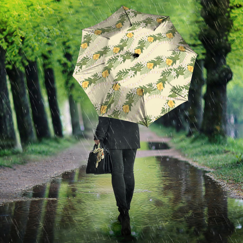 Hawaiian Pikake Maile Lei Umbrella Tiare Hibiscus Kalo Palapalai Leaf Beige LT19 - Polynesian Pride