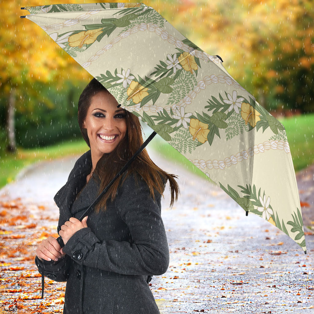 Hawaiian Pikake Maile Lei Umbrella Tiare Hibiscus Kalo Palapalai Leaf Beige LT19 - Polynesian Pride
