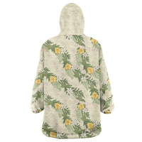 Hawaiian Pikake Maile Lei Wearable Blanket Hoodie Tiare Hibiscus Kalo Palapalai Leaf Beige