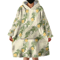Hawaiian Pikake Maile Lei Wearable Blanket Hoodie Tiare Hibiscus Kalo Palapalai Leaf Beige