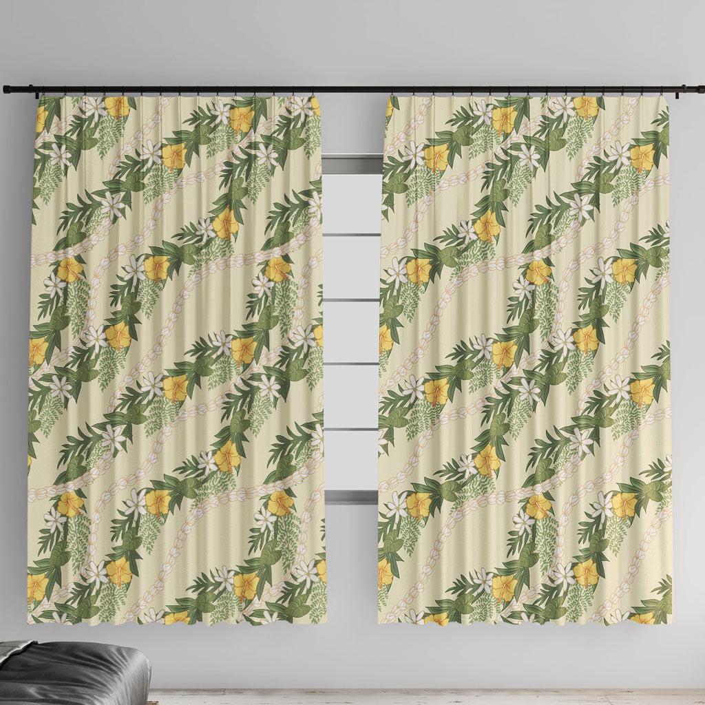 Hawaiian Pikake Maile Lei Window Curtain Tiare Hibiscus Kalo Palapalai Leaf Beige LT19 With Hooks Beige - Polynesian Pride