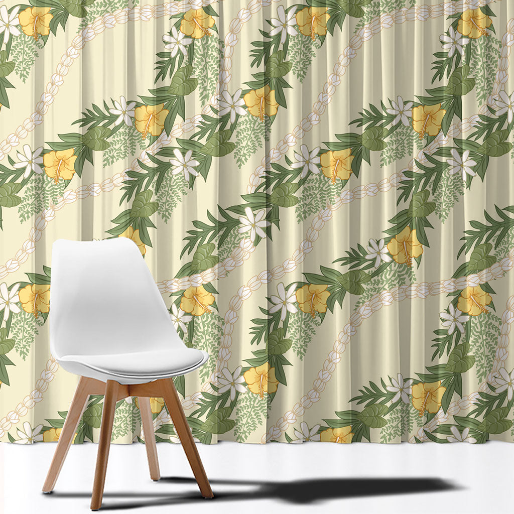 Hawaiian Pikake Maile Lei Window Curtain Tiare Hibiscus Kalo Palapalai Leaf Beige LT19 - Polynesian Pride